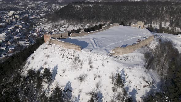 Aerial Drone View of the 13Thcentury Medieval Kremenets Castle in a Territory of Ukraine Country