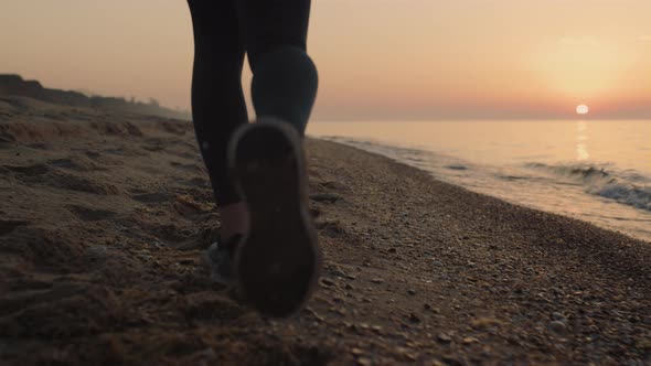 Closeup Slim Woman Feet Walking Sandy Beach at Sunset