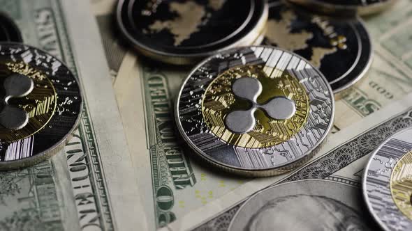 Rotating shot of Bitcoins (digital cryptocurrency) - BITCOIN RIPPLE