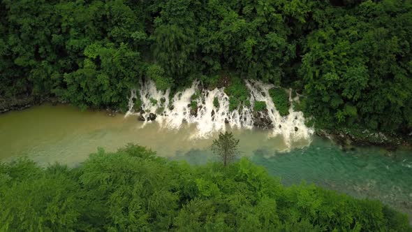Aerial view of mountain Tara river and small waterfall in Montenegro