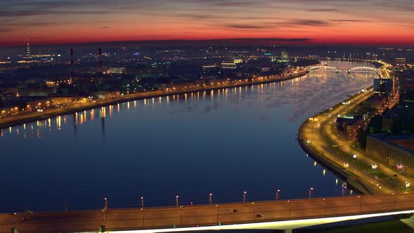 Night Flight Over St. Petersburg And The Neva River