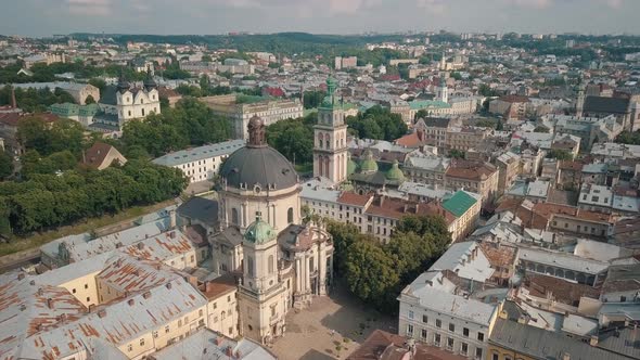 Aerial Drone Video of City Lviv, Ukraine, Ancient Ukraine Dominican Church, Panorama of Old Town