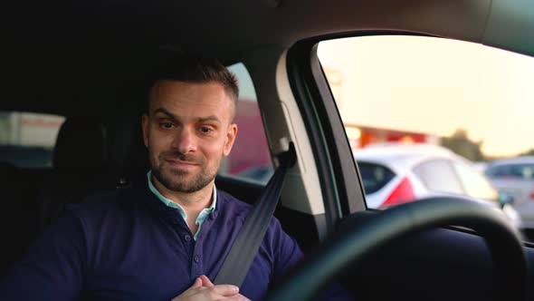 Emotional Man Driving in Innovative Automated Car Using Selfparking Autopilot for Parking on Street