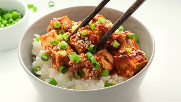 Korean tofu - braised spicy bean curd with rice in gray bowl, light background.