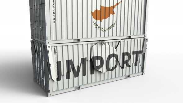 Container with Flag of Cyprus Breaks Container with IMPORT Text alt