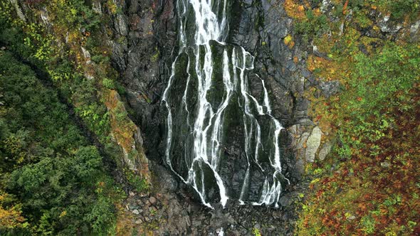 Aerial drone view of nature in Romania. Balea waterfall located in Carpathian mountains