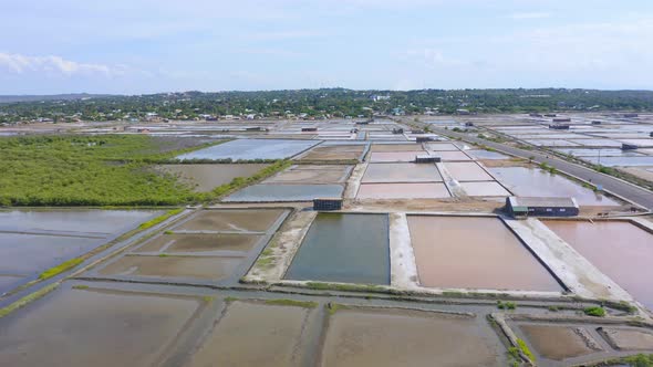 Salt pans of salt mining plant in Monte Cristi, Dominican Republic, aerial