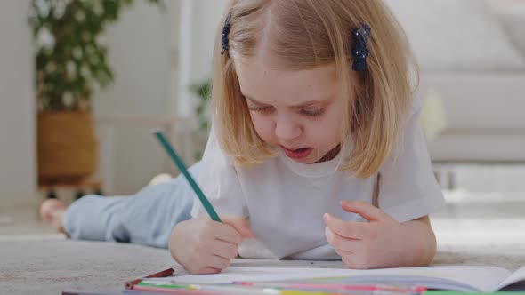 Closeup Caucasian Little Child Daughter Preschool Girl Concentrated Toddler Blonde Draws Picture
