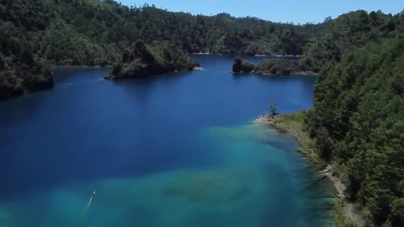 Panning drone shot of lagunas de Montebello national park