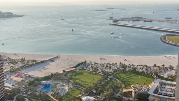 Aerial View of Modern Skyscrapers and Beach at Jumeirah Beach Residence JBR Timelapse in Dubai UAE