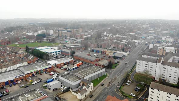 Aerial - An industrial places in large market town in Northampton, a cold day with a view from the s