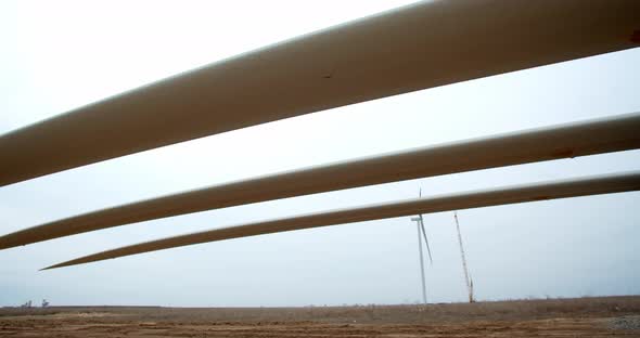 Panoramic View From Under the Wind Turbine Blades on Support Structures