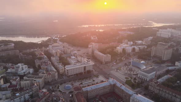 Kyiv Kiev Ukraine at Dawn in the Morning. Aerial View