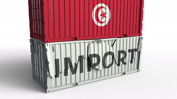 Container with Flag of Tunisia Breaks Container with IMPORT Text