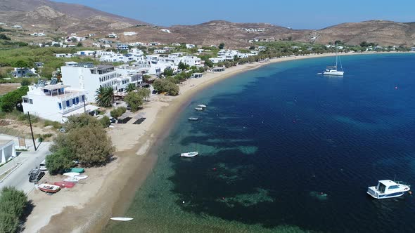 Livadi beach on the island of Serifos in the Cyclades in Greece seen from the