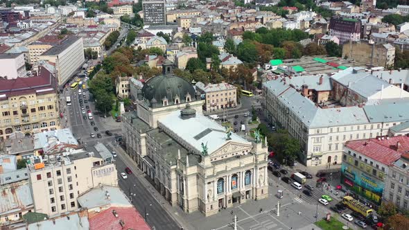 Aerial of the Lviv National Academic Opera and Ballet Theatre in Lviv Ukraine during a summer day wi