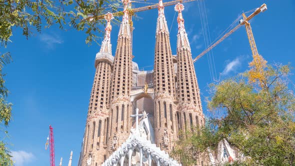 Sagrada Familia, a Large Roman Catholic Church in Barcelona, Spain Timelapse