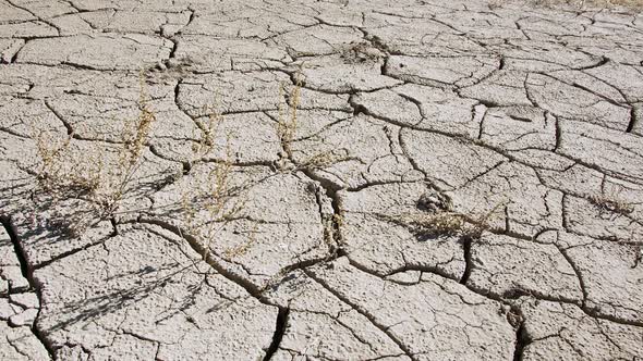 Panning over dry mud cracks during drought in 2021