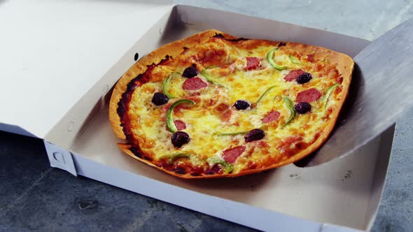 Baked pizza with olive and peperoni toppings