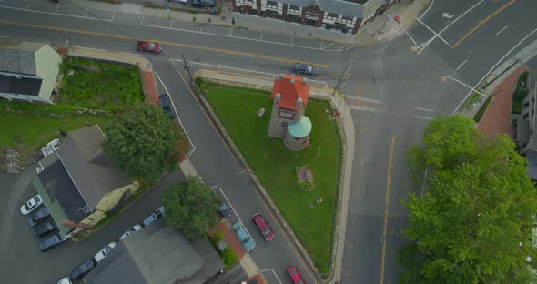 Aerial Tilt Up of Roslyn Village Historic Clock Tower in Long Island