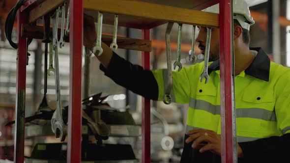 African American technician workers putting wrenches in the factory , innovative industry standard,