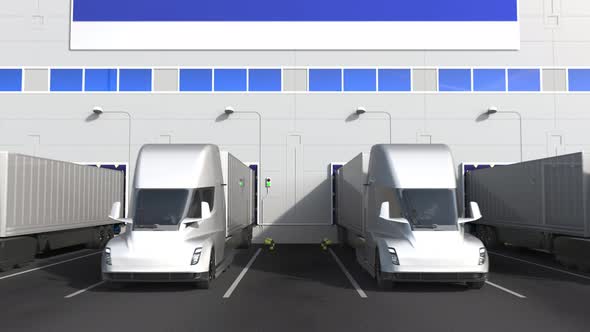 Electric Trailer Trucks at Warehouse Loading Bay with Flag of ISRAEL alt