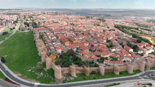 Avila, Spain. Flying Over Medieval Town Walls, Built in the Romanesque Style