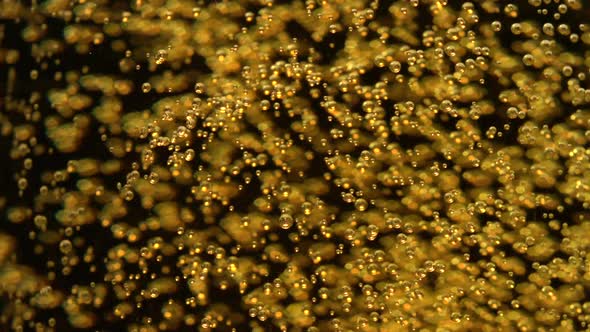 Extreme close-up beer bubbles in glass, Slow Motion