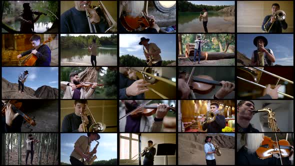 Collage Multiscreen Musicians Play Different Musical Classical Instruments