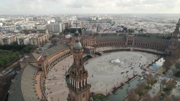 Spain Square or Plaza de Espana in Maria Luisa Park, Seville in Spain. Aerial orbit