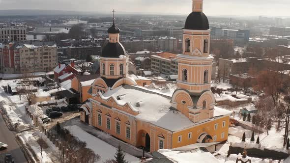Aerial View of the Intersession Bishop Cathedral and Residential Quarters in Winter in City Penza