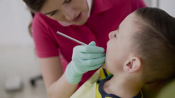 Concept of a Careful Examination of Child's Oral Cavity By Polite Female Dentist