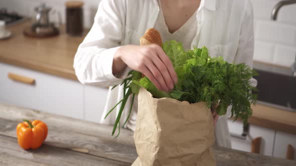 European Woman Holding Paper Bag With Fresh Vegetables, Baguette In Modern Kitchen. Zero Waste