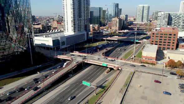 interstate 90 in chicago downtown traffic cars passing by aerial footage