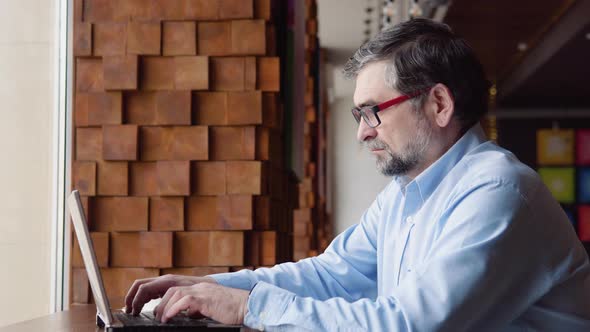 Handsome Senior Freelancer Businessman in Glasses Diligently Working on Laptop in Cafe