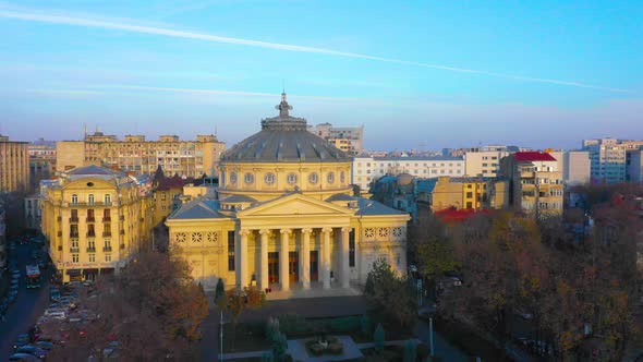Atheneum. Capital city of Romania. Sunset over Bucharest