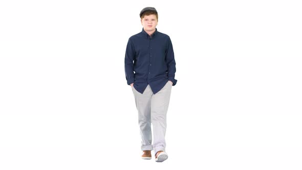 Fashionable Young Man Walking with Hands in Pockets on White Background