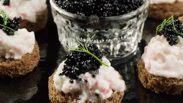 Black Caviar Sandwiches Closeup