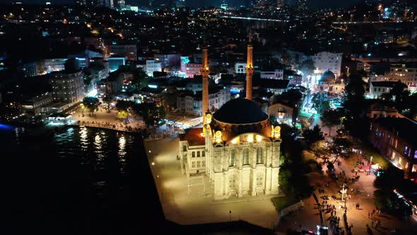 Aerial Night view of Istanbul, Ortakoy Mosque near Bosphorus Bridge