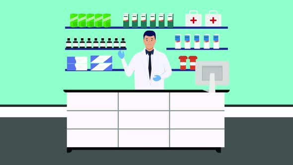 Pharmacist on a front desk waving his hand 4K animation