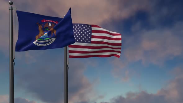 Michigan State Flag Waving Along With The National Flag Of The USA- 2K