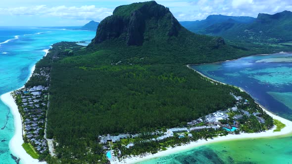 Aerial view of Mauritius island panorama and famous Le Morne Brabant mountain, beautiful blue lagoon