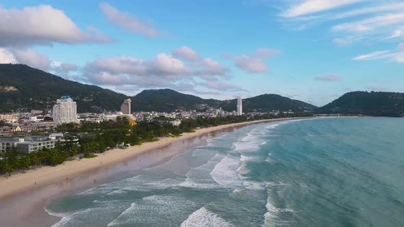 Aerial panoramic view landscape and cityscape view of Patong beach Phuket Thailand.