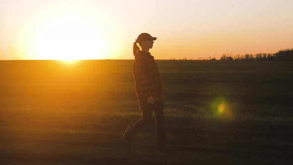 The Agricultural Boss Farmer in Golden Wheat Field at Sunset