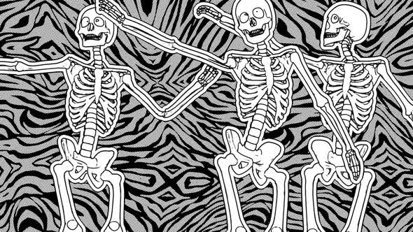 Sexy dancing skeletons halftone cartoon style