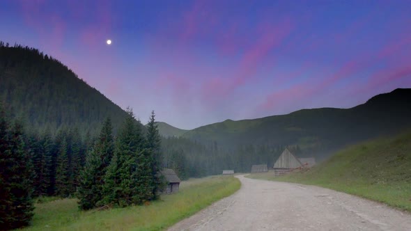 Valley Chocholowska before dawn with full moon, Tatra Mountains, Poland