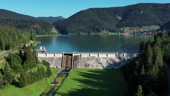 Aerial view of the Palcmanska masa water reservoir in the village of Dedinky