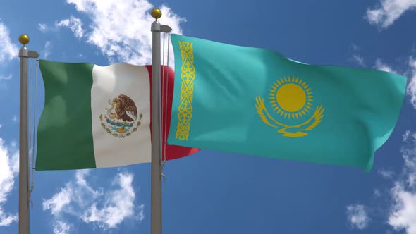 Mexico Flag Vs Kazakhstan Flag On Flagpole