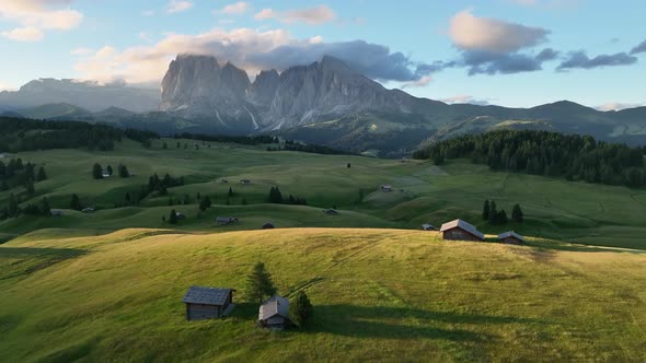 Sunrise on the Seiser Alm in the Dolomites mountains