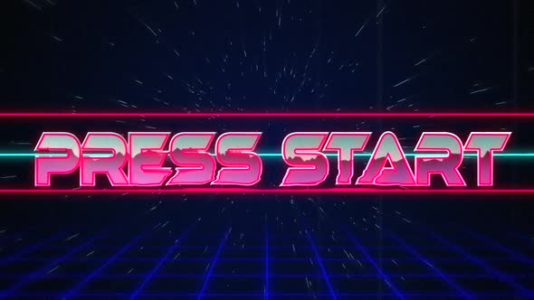Retro Press Start text glitching over blue and red lines on white hyperspace effect